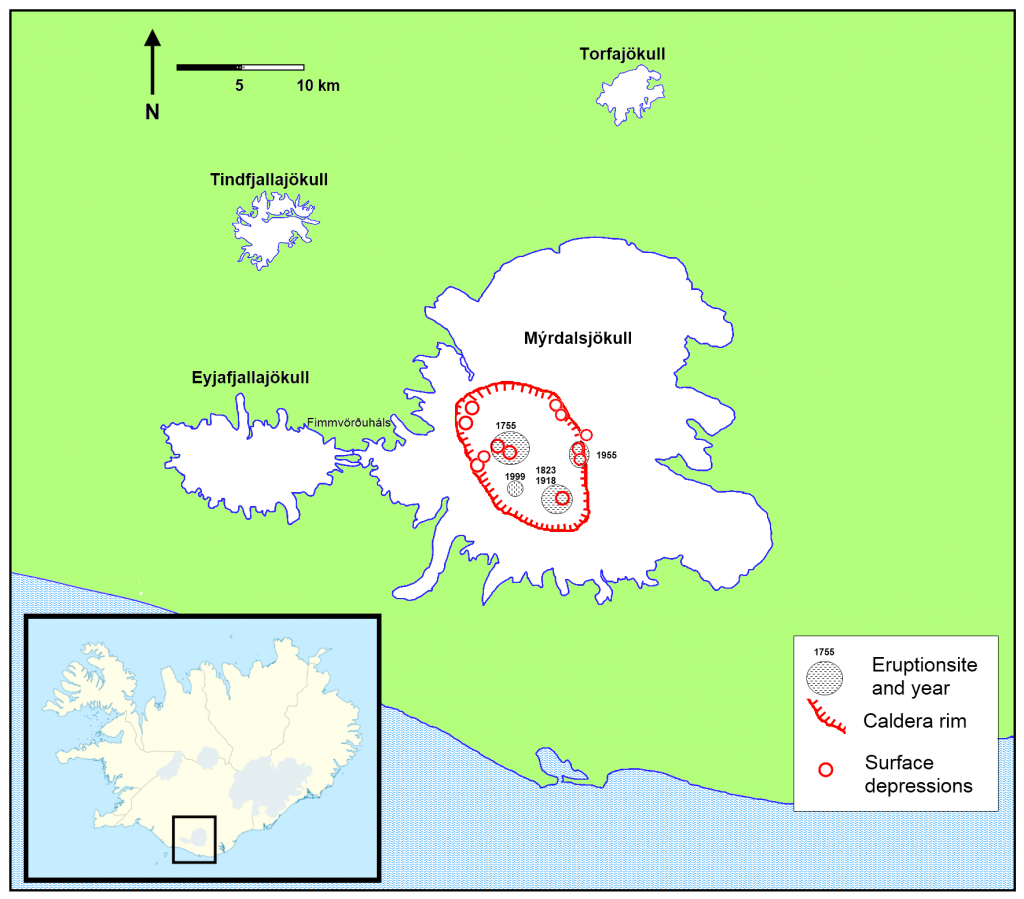 Lage der Katla-Caldera unter dem Mýrdalsjökull (Bildquelle: Wikimedia Commons)