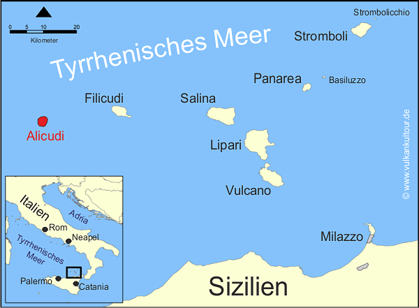 Übersicht Liparische Inseln. Rot markiert: Alicudi, die westlichste und kleinste Insel des Archipels.